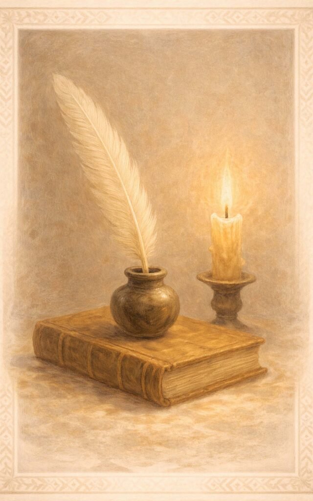 ريشة كتابة وشمعة مضيئة ترمز إلى الخواطر والتأملات الداخلية