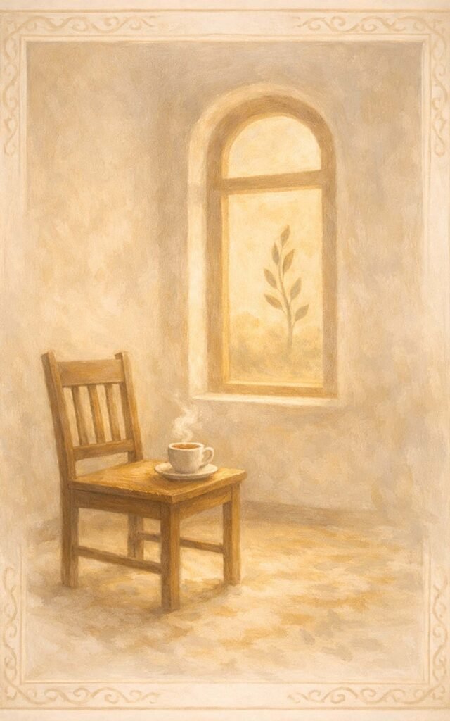 مشهد رمزي دافئ يعبّر عن القصص القصيرة واللحظات الإنسانية المكثفة