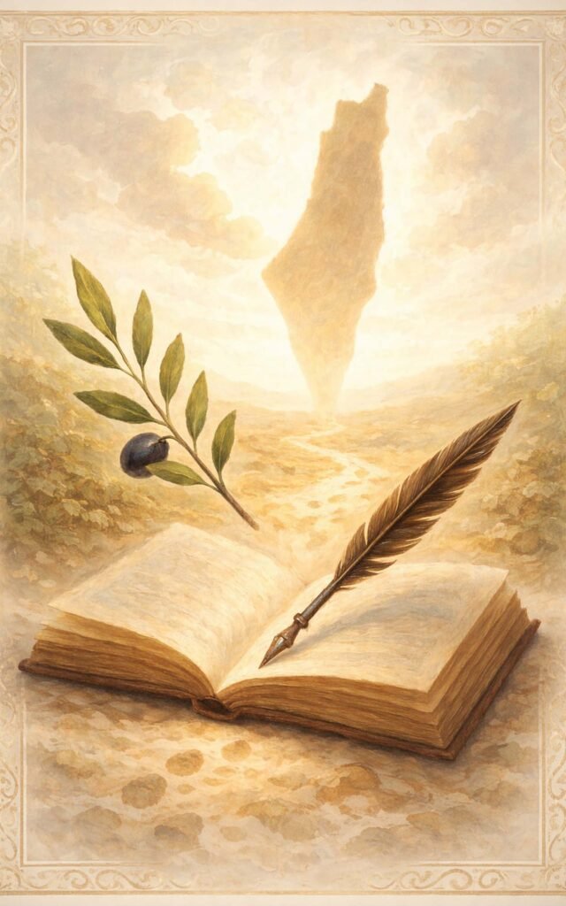 كتاب مفتوح تتوسطه أوراق وغصن زيتون في أجواء دافئة ترمز إلى الرواية الفلسطينية والذاكرة
