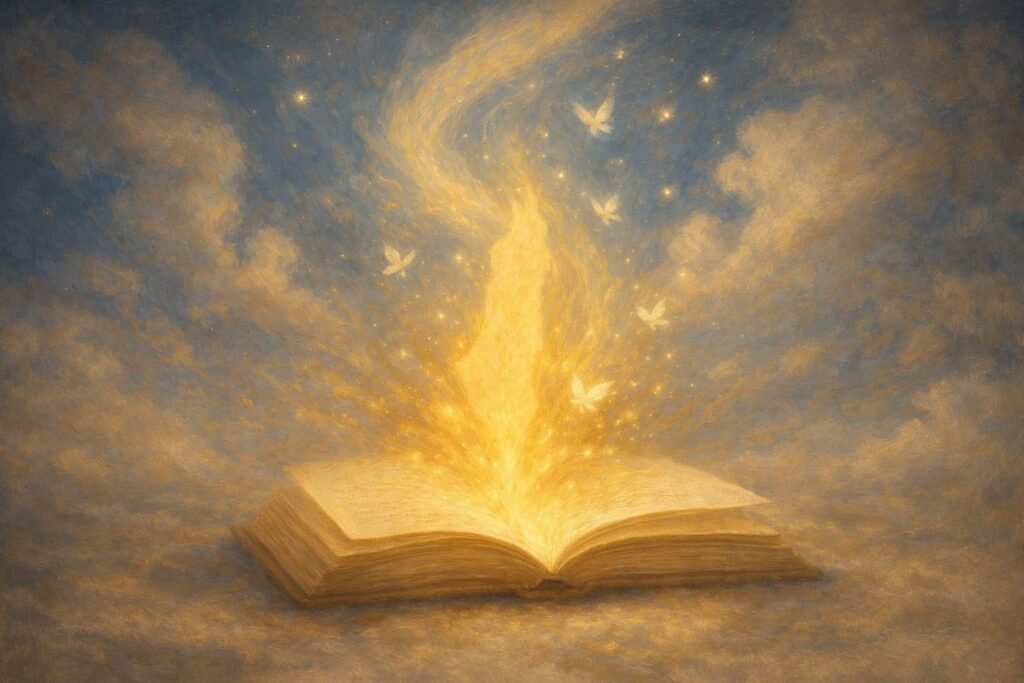 كتاب مفتوح بإضاءة ذهبية يرمز إلى الروايات الفلسطينية المقاومة الطويلة