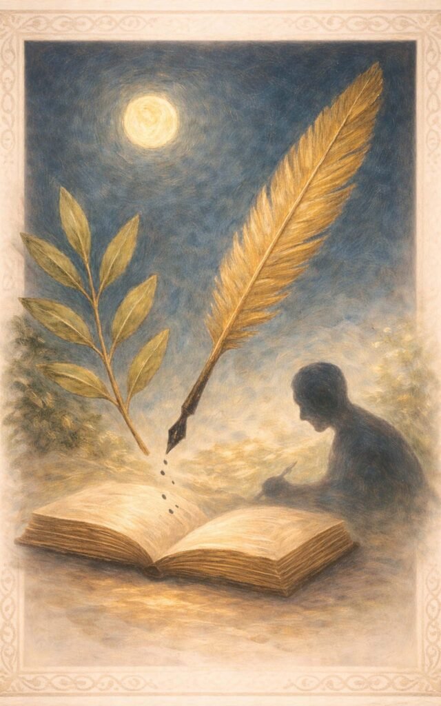 غصن زيتون وريشة كتابة مع ظل إنسان في خلفية هادئة ترمز إلى الشعر الفلسطيني