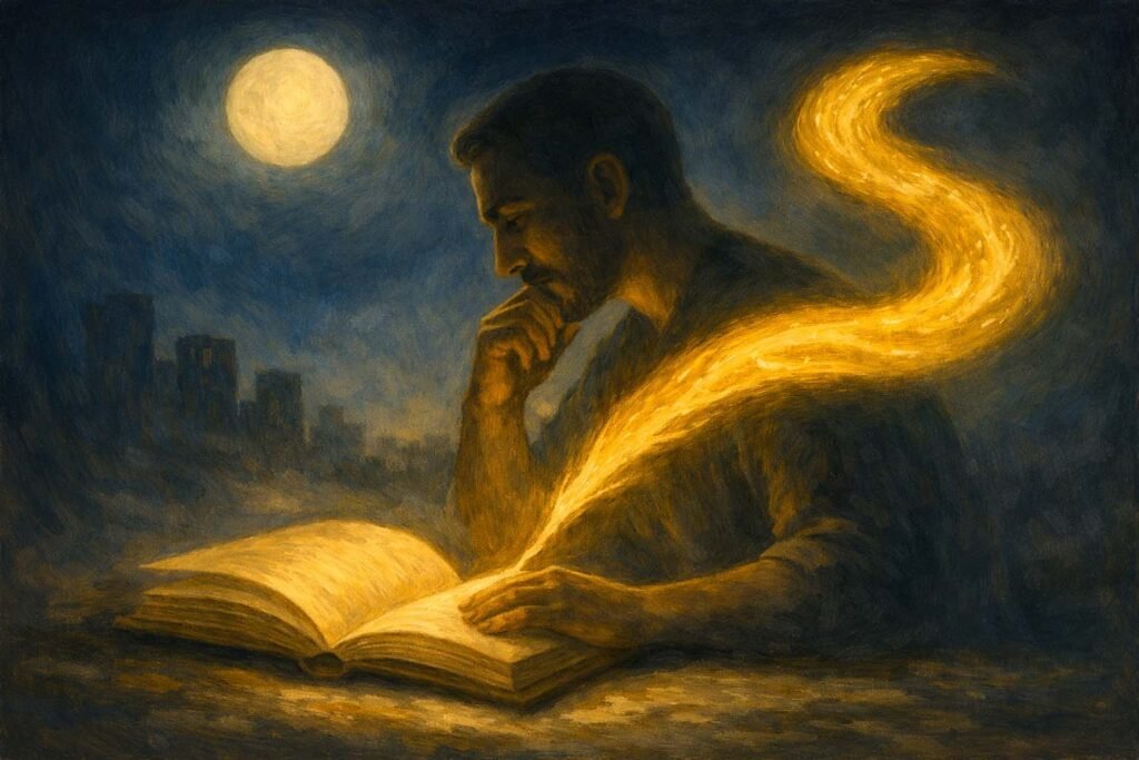 شاعر يقرأ من كتاب مفتوح يرمز إلى الشعر الفلسطيني الفصيح المقاوم