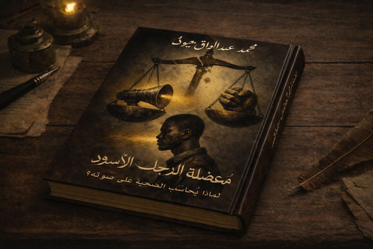 معضلة الرجل الأسود – عرض أفقي للكتاب كتاب معضلة الرجل الأسود موضوع على طاولة خشبية بإضاءة دافئة