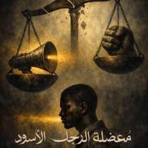 غلاف كتاب معضلة الرجل الأسود يظهر ميزان عدالة مختل ورجلًا ينفث الضوء في أجواء رمزية
