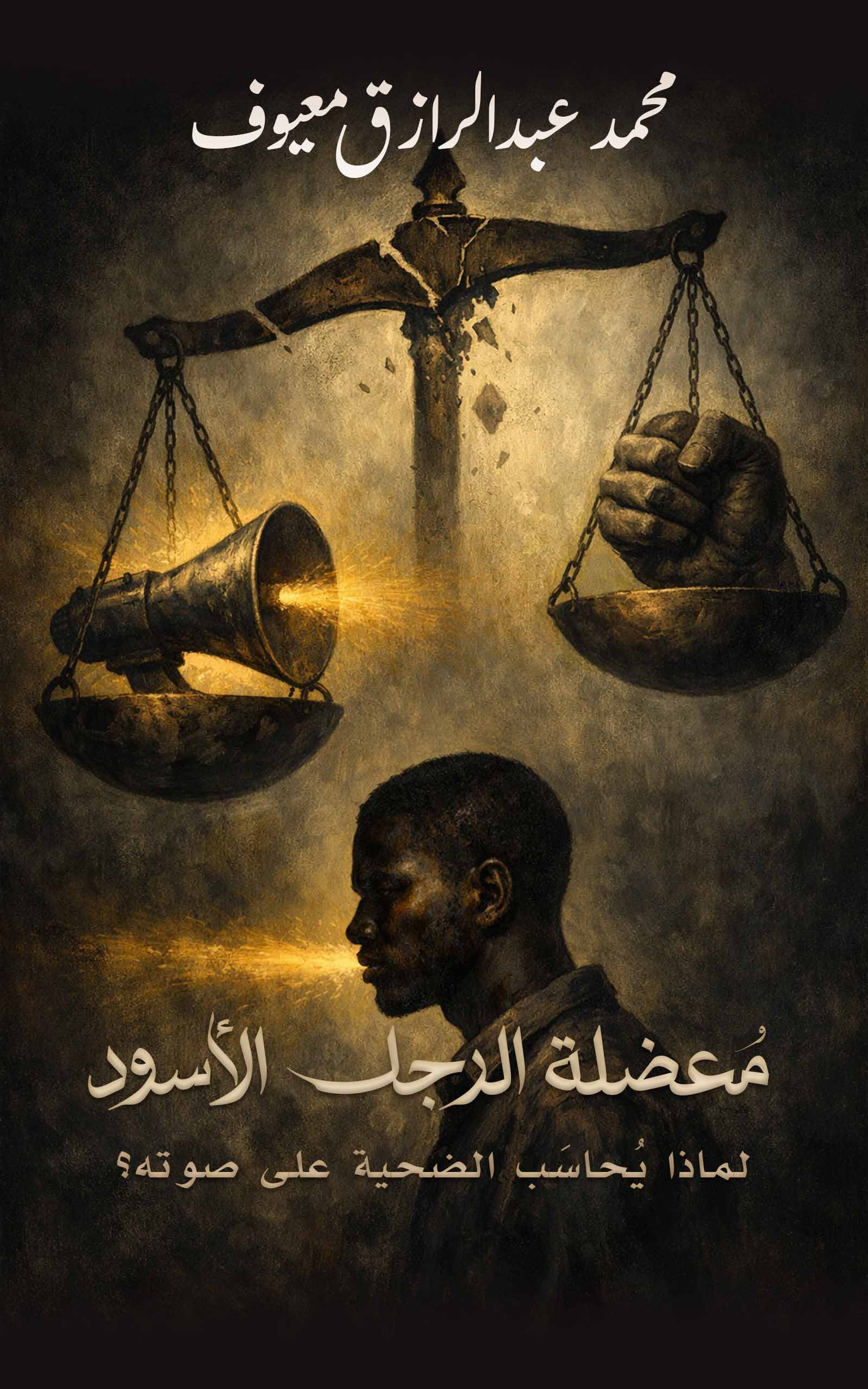 معضلة الرجل الأسود – لماذا يُحاسَب الضحية على صوته؟ غلاف كتاب معضلة الرجل الأسود يظهر ميزان عدالة مختل ورجلًا ينفث الضوء في أجواء رمزية