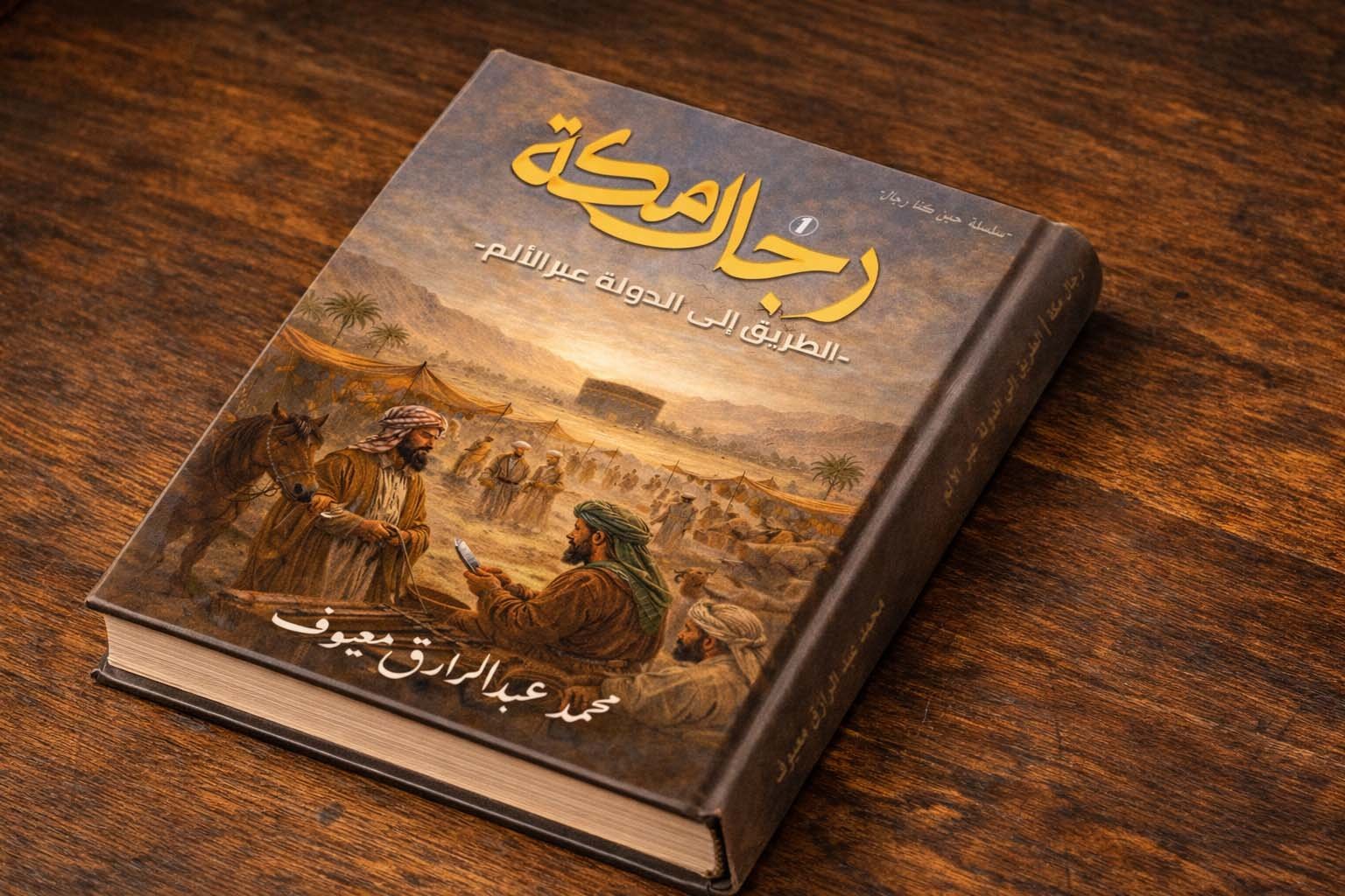 غلاف كتاب رجال مكة كتاب رجال مكة الطريق إلى الدولة عبر الألم موضوع بشكل مائل على طاولة خشبية