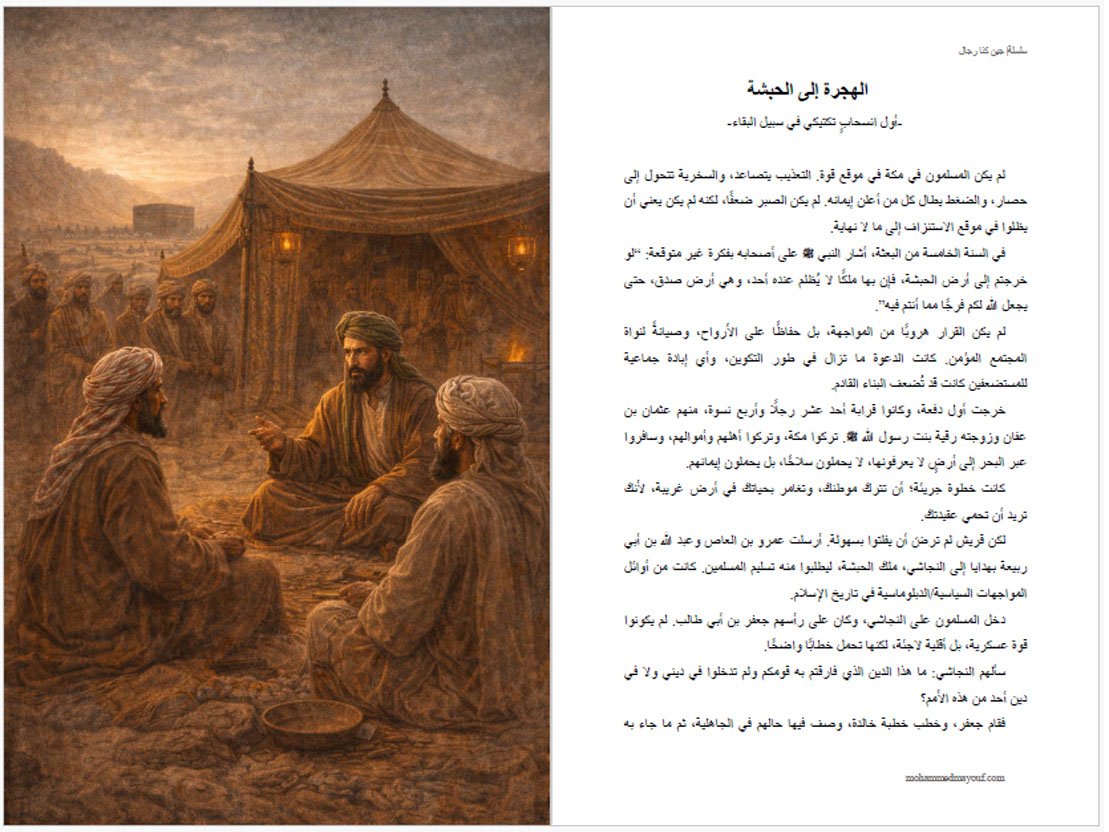 الهجرة إلى الحبشة – من كتاب رجال مكة رسم تاريخي يمثل الهجرة إلى الحبشة في كتاب رجال مكة