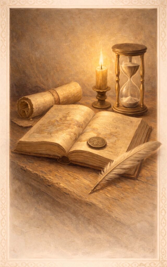 كتاب مخطوط قديم مع ساعة رملية وشمعة يرمز إلى التاريخ والسيرة