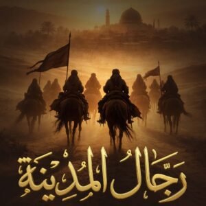 غلاف كتاب رجال المدينة يظهر فرسانًا يسيرون نحو مدينة تاريخية في مشهد ملحمي يعكس القوة والثبات