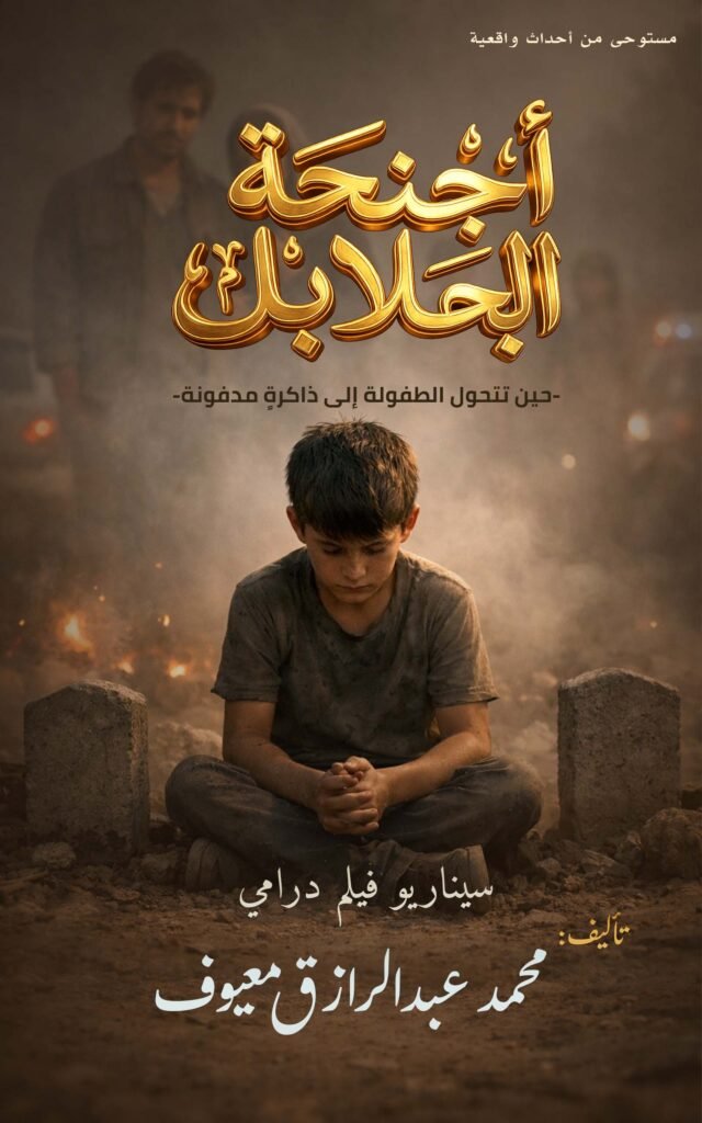 غلاف كتاب أجنحة الأطفال يظهر طفلًا جالسًا بين القبور في مشهد حزين يعكس آثار الحرب على الطفولة